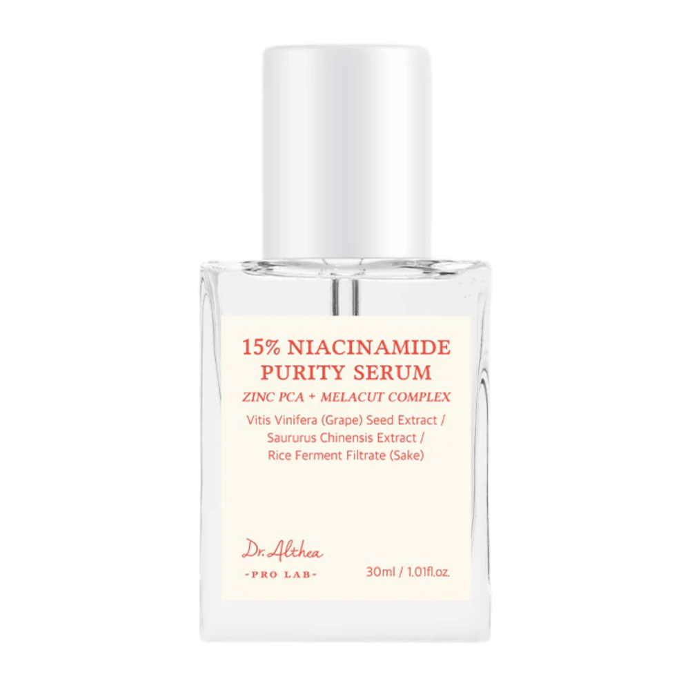 Dr. Althea 15% Niacinamide Purity Serum je napreden serum, ki združuje 15% niacinamida z Zinc PCA in MELACUT COMPLEX za posvetlitev, zmanjšanje por in izboljšanje teksture kože. Popoln za sijoč in enakomeren ten kože.