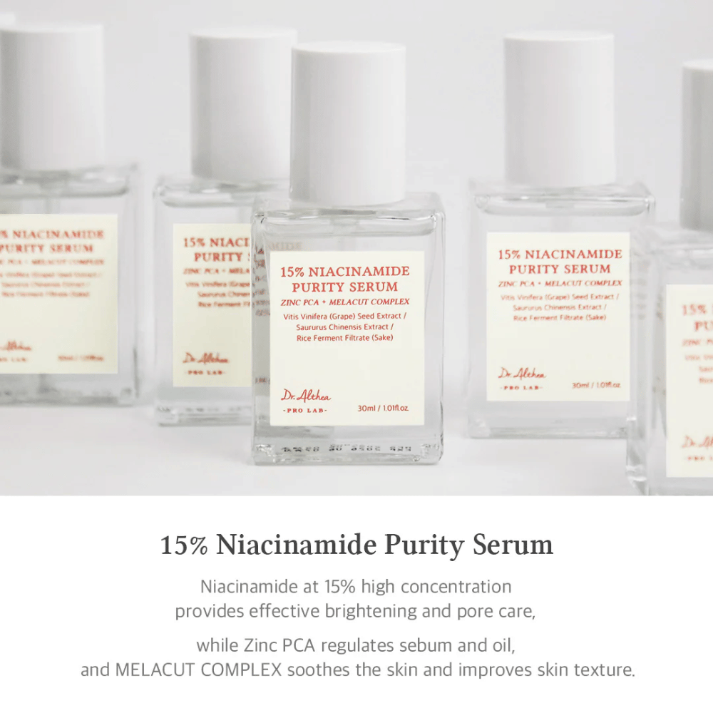 Dr. Althea 15% Niacinamide Purity Serum z visoko koncentracijo niacinamida za svetlejšo kožo in zmanjšanje por. Vsebuje Zinc PCA za uravnavanje sebuma in MELACUT COMPLEX za pomiritev kože in izboljšanje teksture. Elegantna embalaža za profesionalen vtis.