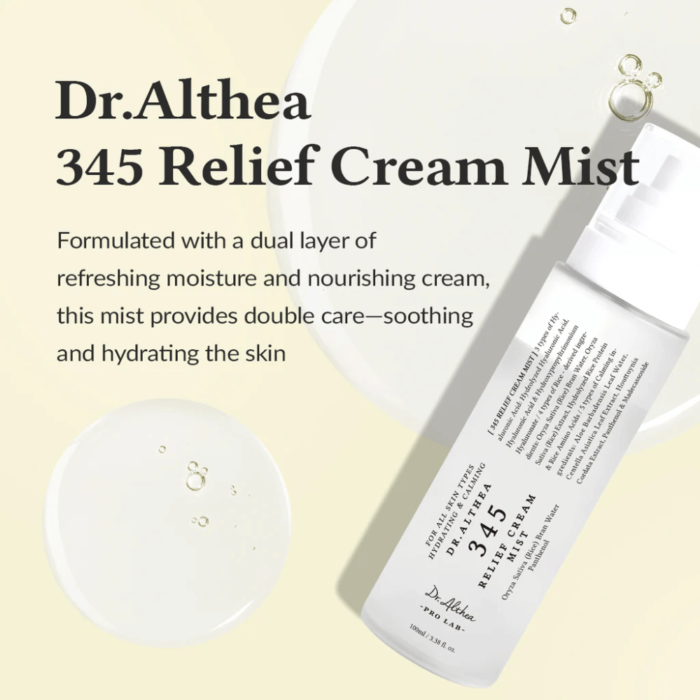 Slika izdelka Dr. Althea 345 Relief Cream Mist z opisom pomirjujoče in vlažilne formule, ki nudi dvojno nego kože v enem samem koraku s pršenjem.