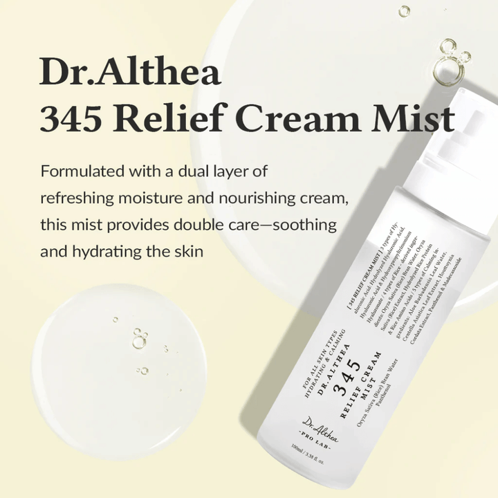 Slika izdelka Dr. Althea 345 Relief Cream Mist z opisom pomirjujoče in vlažilne formule, ki nudi dvojno nego kože v enem samem koraku s pršenjem.
