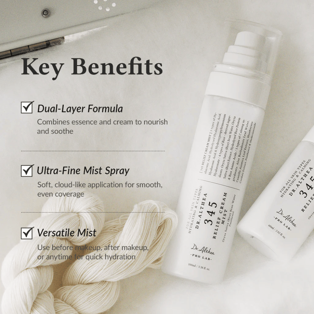 Dr. Althea 345 Relief Cream Mist s poudarkom na prednostih kot so formula z dvojnim slojem, ultrafina meglica in vsestranska uporaba za hitro in enakomerno vlaženje.