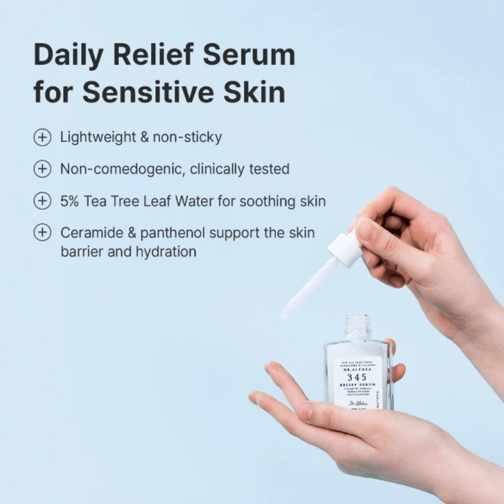Dr. Althea 345 Relief Serum s ceramidi, pantenolom in tea tree-vodo za občutljivo kožo in dolgotrajno vlaženje.