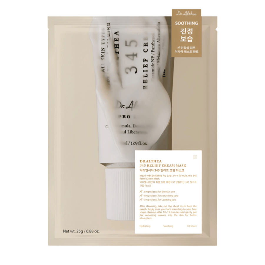 Dr. Althea 345 Relief Cream Mask sheet mask z pomirjevalnimi sestavinami, kot so niacinamid, ceramid in centella asiatica