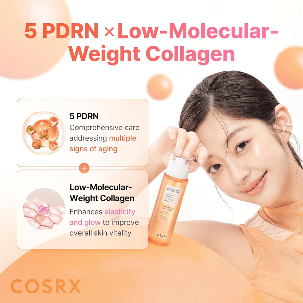 COSRX 5 PDRN Collagen Intense Vitalizing Serum z nizkomolekularnim kolagenom, ki zagotavlja čvrstejšo kožo, sijaj in učinek proti staranju