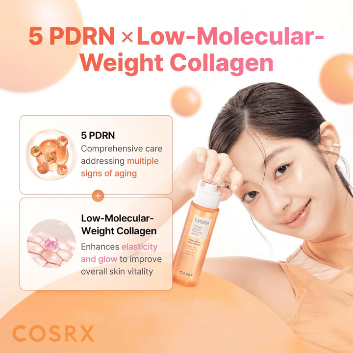 COSRX 5 PDRN Collagen Intense Vitalizing Serum z nizkomolekularnim kolagenom, ki zagotavlja čvrstejšo kožo, sijaj in učinek proti staranju