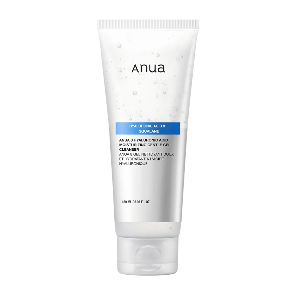 Slika izdelka Anua 8 Hyaluronic Acid Moisturizing Gentle Gel Cleanser v beli tubi. Nežen gel za čiščenje, ki krepi vlažilno pregrado kože in zagotavlja mehko, uravnoteženo kožo.