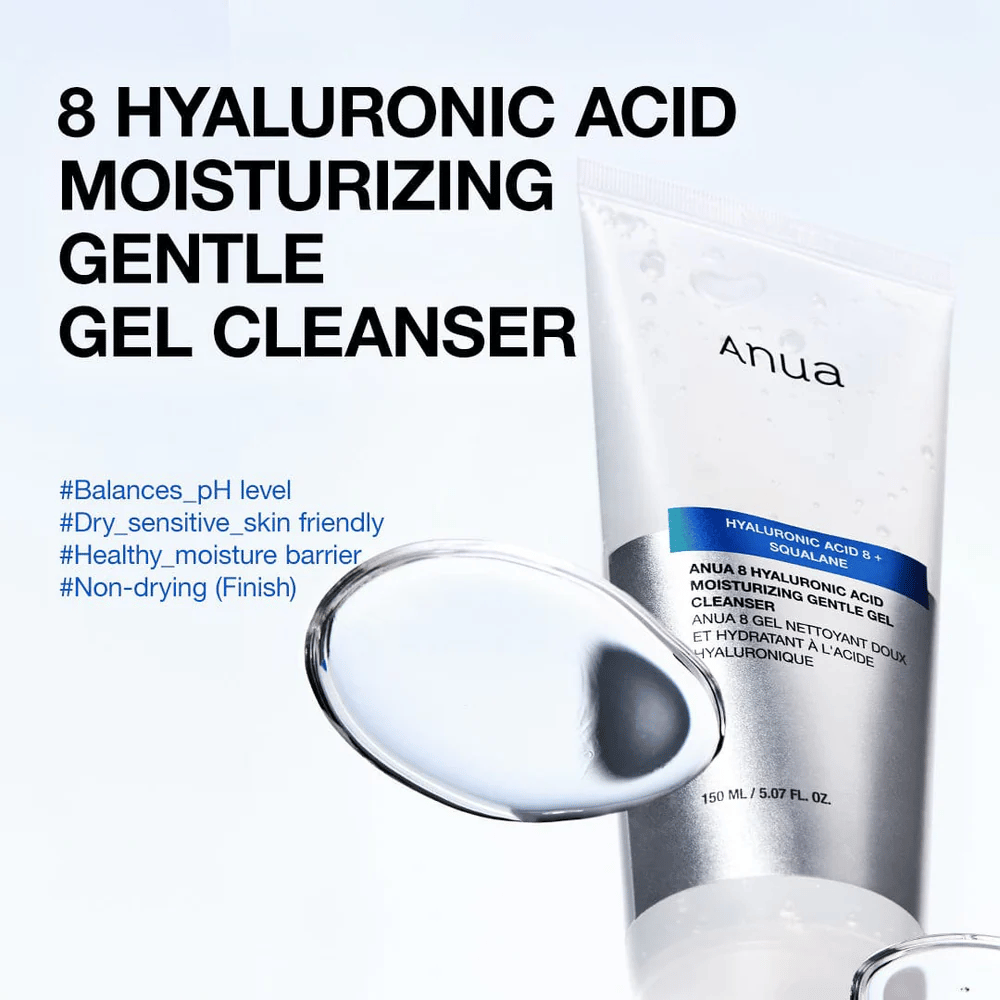 Anua 8 Hyaluronic Acid Moisturizing Gentle Gel Cleanser 150 ml na modrem ozadju. Nežen gel za čiščenje s skvalanom, ki vlaži in je primeren za občutljivo kožo.