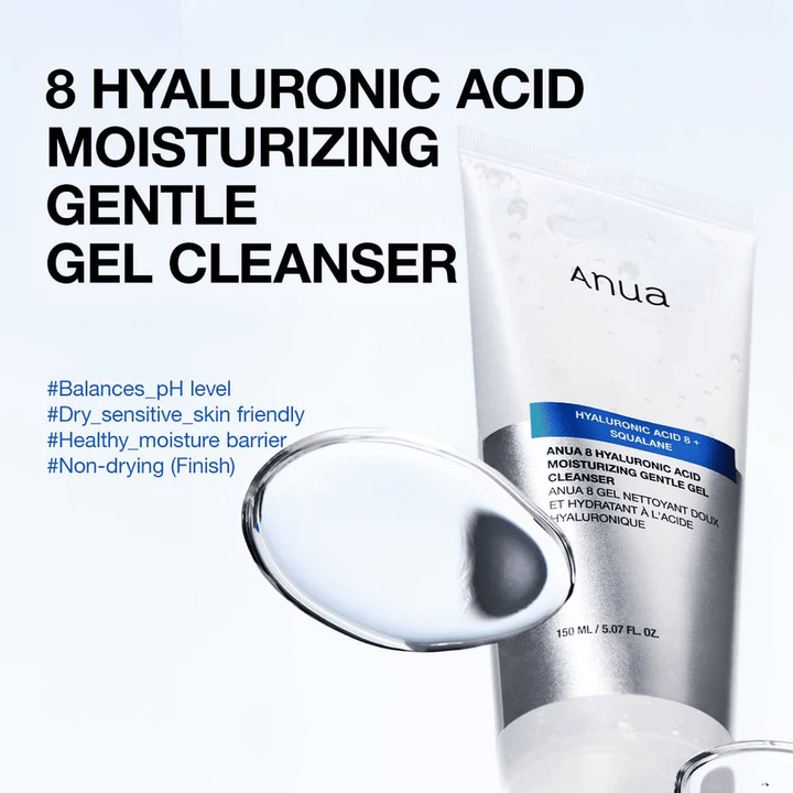 Anua 8 Hyaluronic Acid Moisturizing Gentle Gel Cleanser 150 ml na modrem ozadju. Nežen gel za čiščenje s skvalanom, ki vlaži in je primeren za občutljivo kožo.