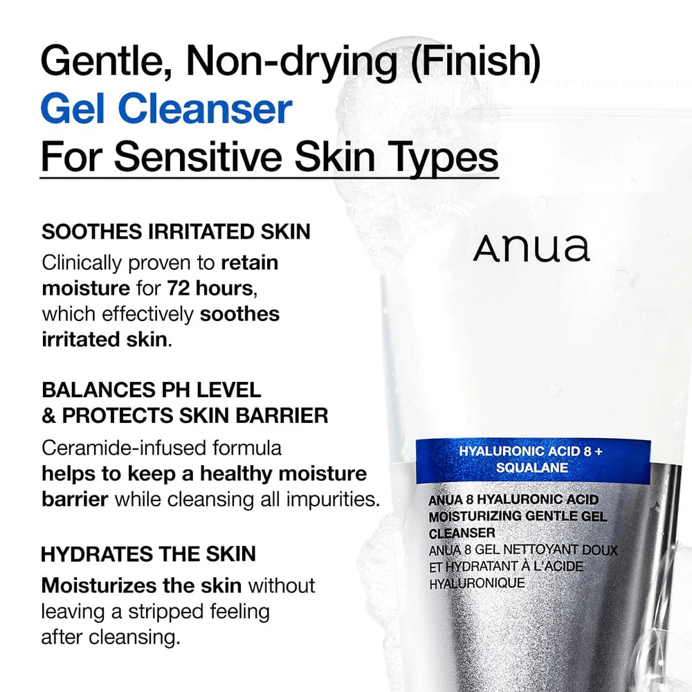 Anua 8 Hyaluronic Acid Moisturizing Gentle Gel Cleanser z besedilom, ki poudarja lastnosti izdelka: vlaži 72 ur, uravnava pH in ščiti kožno pregrado.