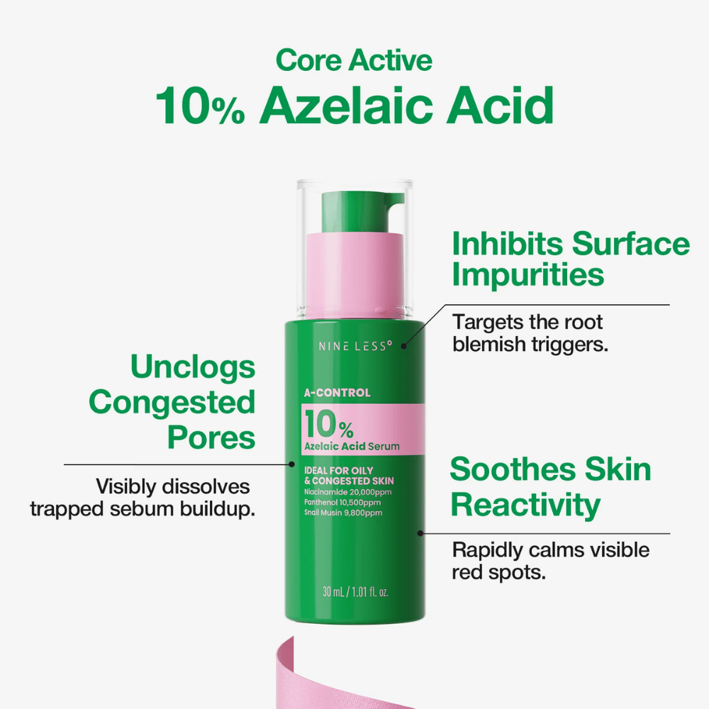 NINELESS A-Control serum z 10 % azelainske kisline pomaga preprečevati zamašene pore, nečistoče in vidno rdečico.