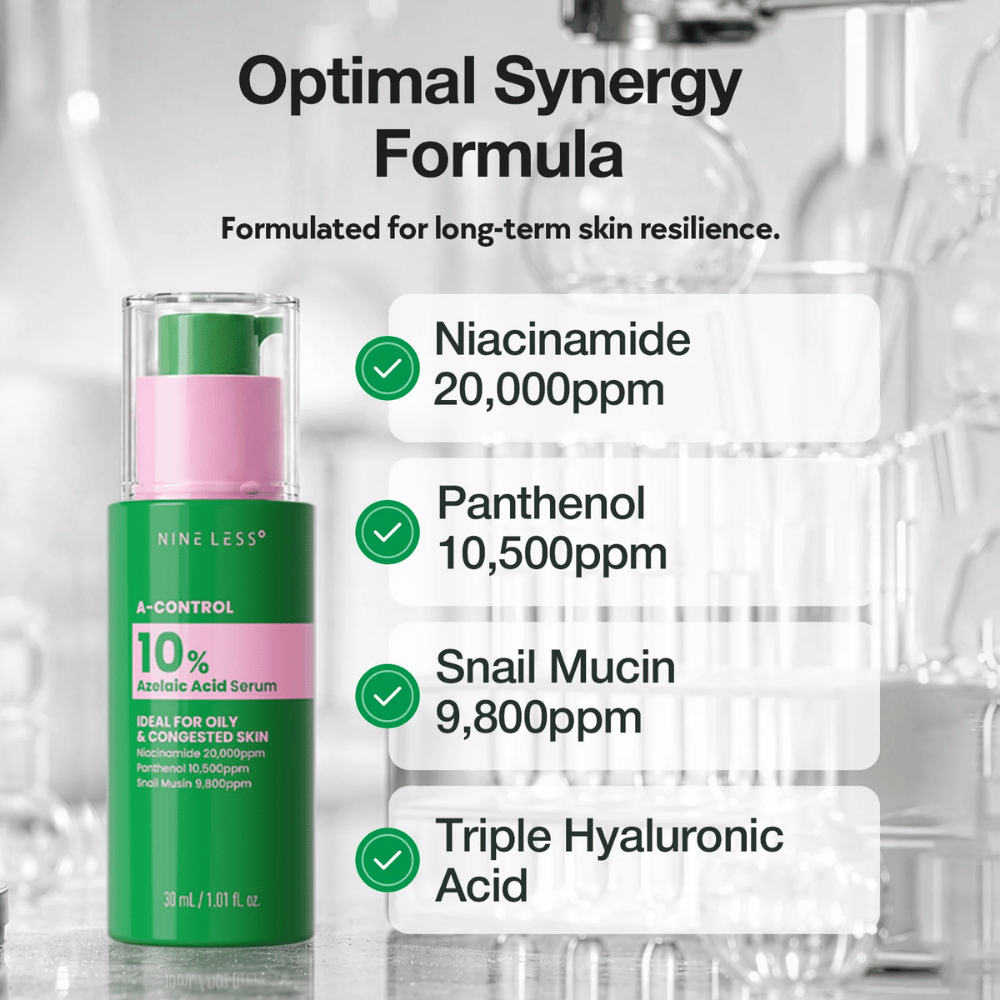 NINELESS A-Control 10% Azelaic Acid Serum z niacinamidom, pantenolom, snail mucin in hialuronsko kislino za uravnoteženo in navlaženo kožo.