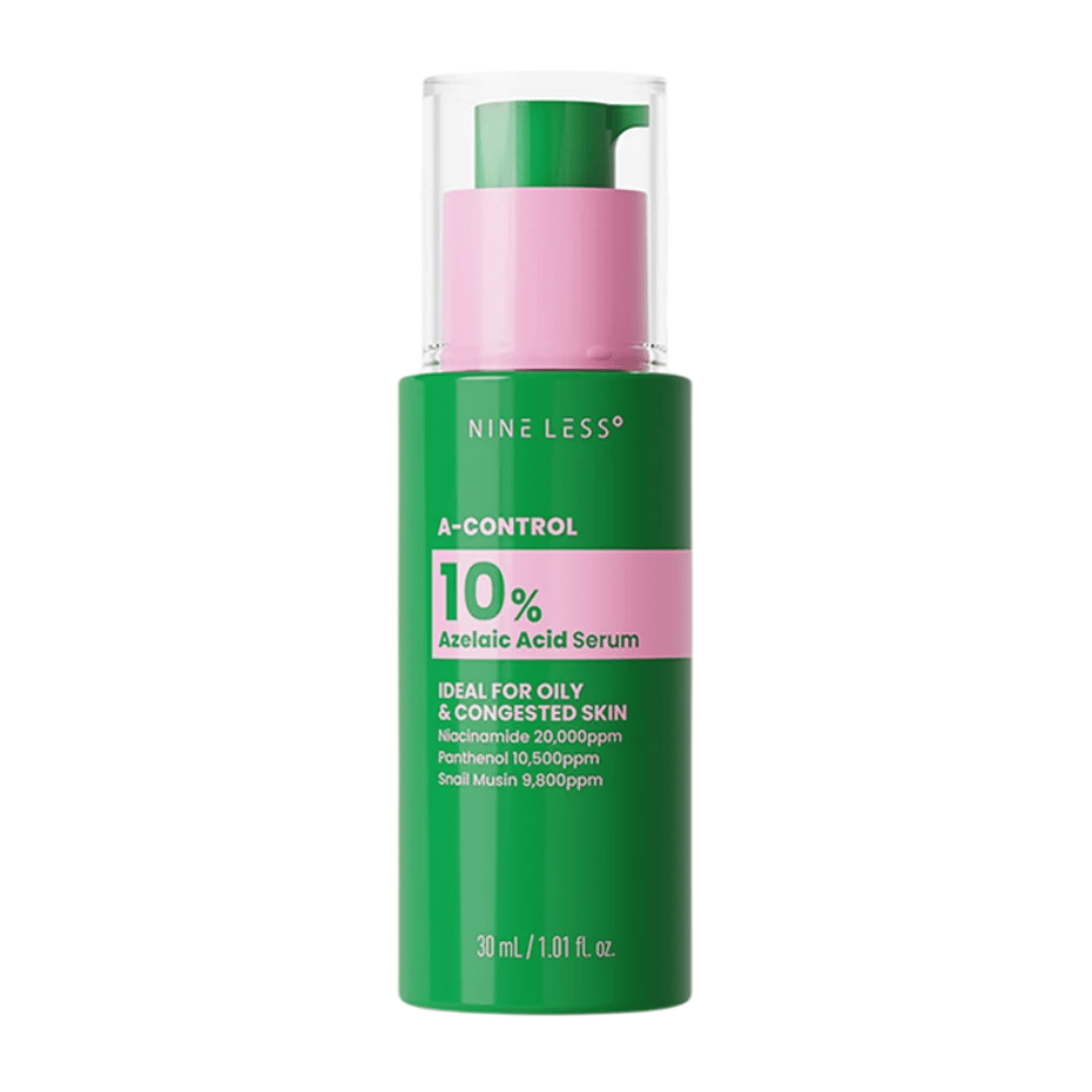 NINELESS A-Control 10% Azelaic Acid Serum 30 ml v zeleni steklenički s črpalko za mastno in zamašeno kožo.