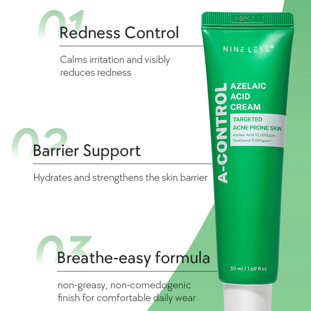 NINELESS A-Control Azelaic Acid Cream – korejska krema za obraz z azelainsko kislino, ki pomaga zmanjšati rdečico, okrepiti kožno pregrado in zagotoviti lahek, ne-masten zaključek.