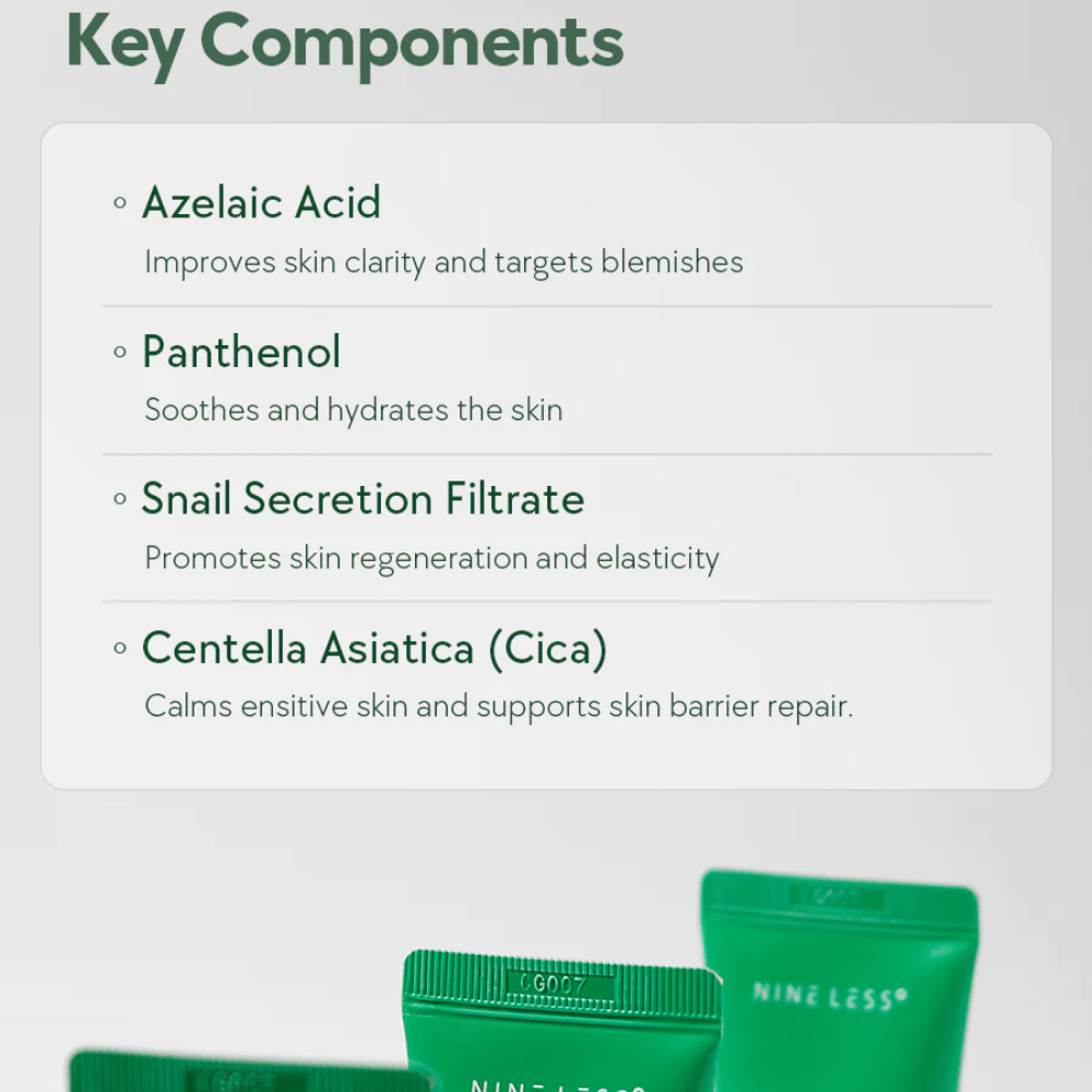NINELESS A-Control Azelaic Acid Cream sestavine – krema za obraz z azelainsko kislino, pantenolom, snail mucin in Centella Asiatica, ki pomaga pomiriti kožo in izboljšati jasnost kože.