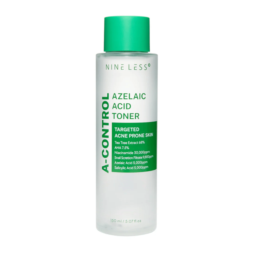 Slika izdelka Nine Less A-Control Azelaic Acid Toner 150 ml v prozorni steklenički z zeleno etiketo in zelenim pokrovčkom.