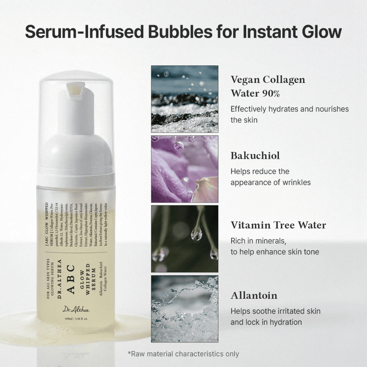 Slika – sestavine (EEAT + uvrstitev)
Dr. Althea ABC Glow Whipped Serum z veganskim kolagenom, bakuchiolom, vodo vitamin tree in alantoinom, ki vlažijo, pomirjajo in izboljšujejo strukturo kože.