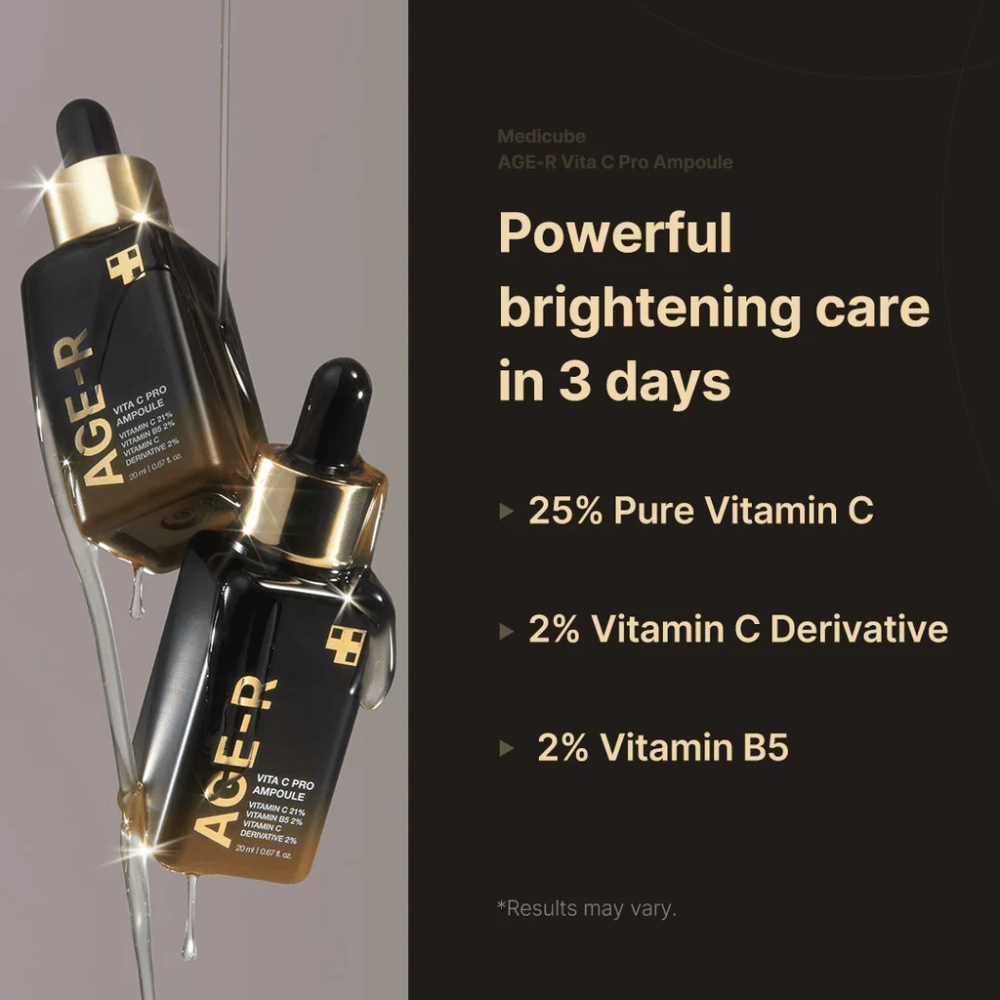 Slika Medicube Age-R Vita C Pro Ampoule, ki poudarja svetleči učinek izdelka v 3 dneh. Izdelek vsebuje 25% čistega vitamina C, 2% derivata vitamina C in 2% vitamina B5. Steklenice so prikazane z zlatimi detajli in pipeto za nanašanje.