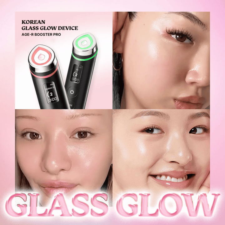 Štiri slike prikazujejo bližnje posnetke gladke, sijoče kože po uporabi Medicube Age-R Booster Pro, ki se trži kot "Korean Glass Glow Device". Izdelek je izpostavljen zaradi zagotavljanja sijoče in gladke kože, imenovane "Glass Glow".