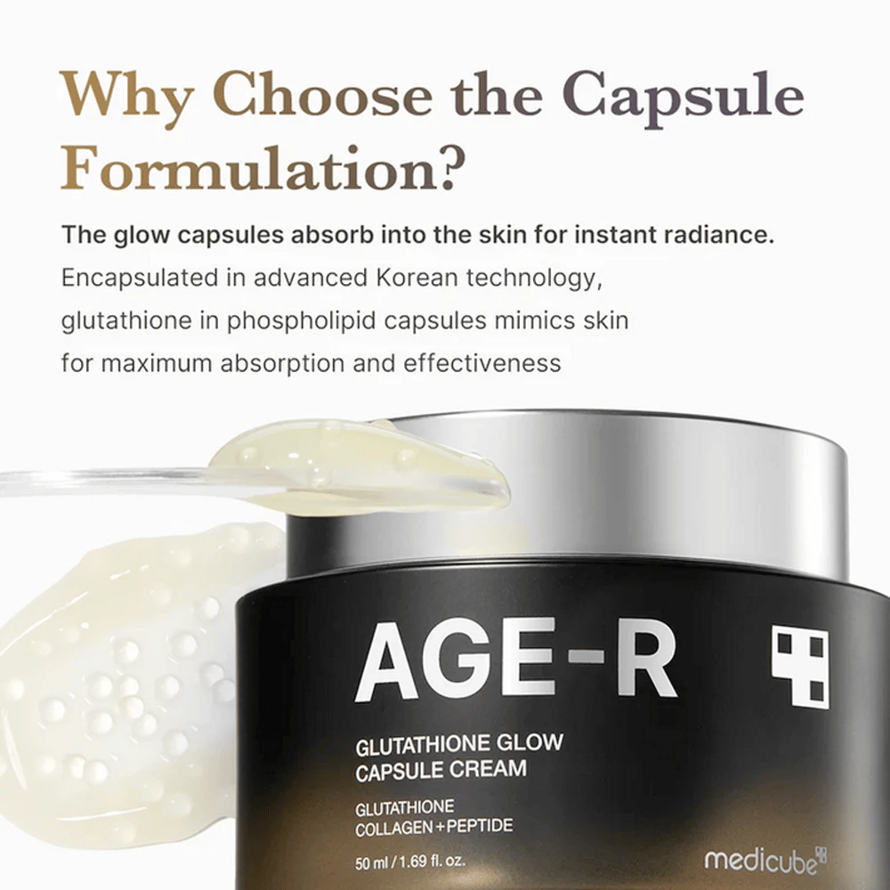 Medicube Age-R Glutathione Glow Capsule Cream se trži z razlago o prednostih kapsulne formulacije. Glutation kapsule se hitro absorbirajo v kožo za takojšen sijaj, zahvaljujoč napredni korejski tehnologiji, ki posnema lastne mehanizme kože za maksimalni učinek.