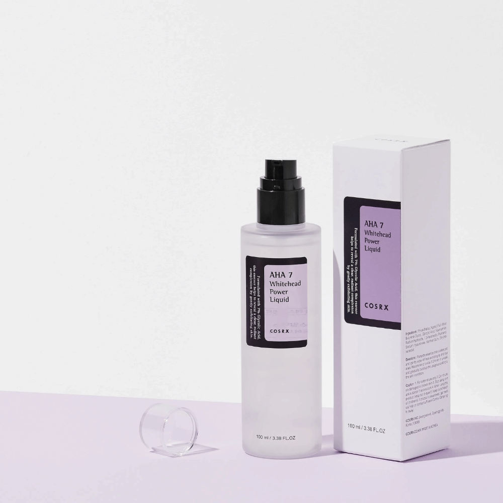 COSRX AHA 7 Whitehead Power Liquid z embalažo, piling tonik z 7 % AHA za preprečevanje belih ogrcev in izenačevanje tena kože.