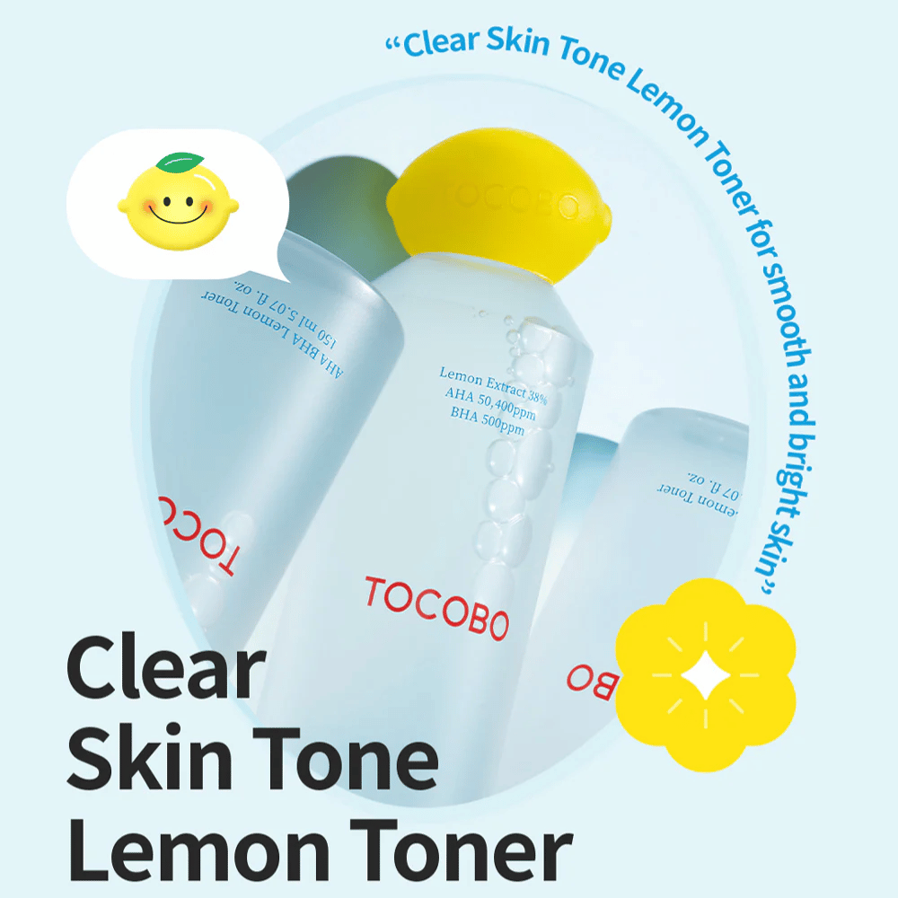 Več steklenic TOCOBO Clear Skin Tone Lemon Toner z rumenim pokrovčkom v obliki limone, mehurčki v tekočini in besedilo, ki poudarja sestavine AHA in BHA na svetlo modrem ozadju.