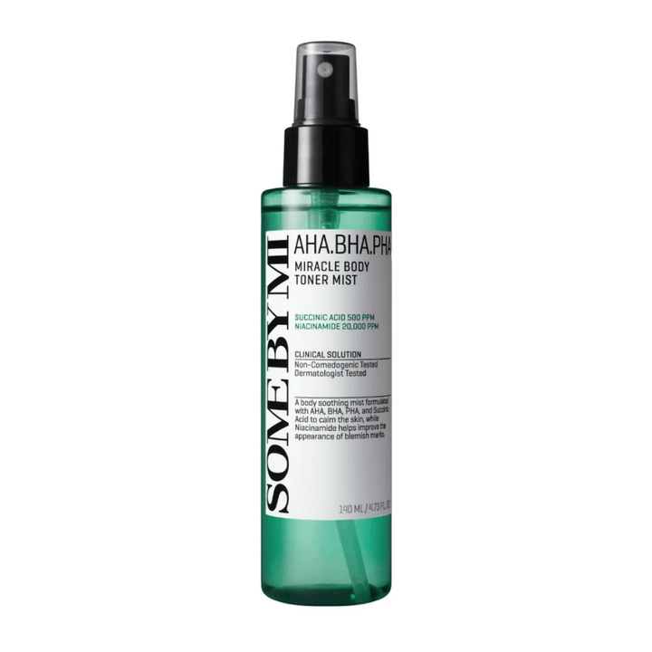 Some By Mi AHA BHA PHA Miracle Body Tonik za obraz Mist telesni sprej – korejska eksfoliativna meglica, ki pomaga očistiti pore, zmanjšati mozolje in zagotoviti bolj enakomerno kožo.