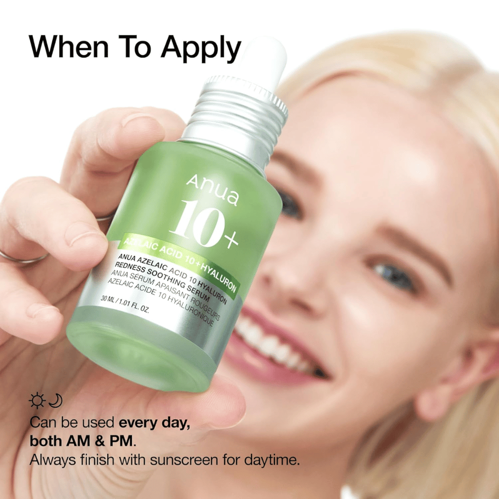ANUA Azelaic Acid 10+ Hyaluron je pomirjujoč serum, ki zmanjšuje rdečico in vlaži kožo. Popolno za dnevno uporabo tako zjutraj kot zvečer. Vsebuje azelainsko kislino in hialuronsko kislino za uravnoteženje in krepitev kožne pregrade. Vedno uporabljajte zaščito pred soncem podnevi.