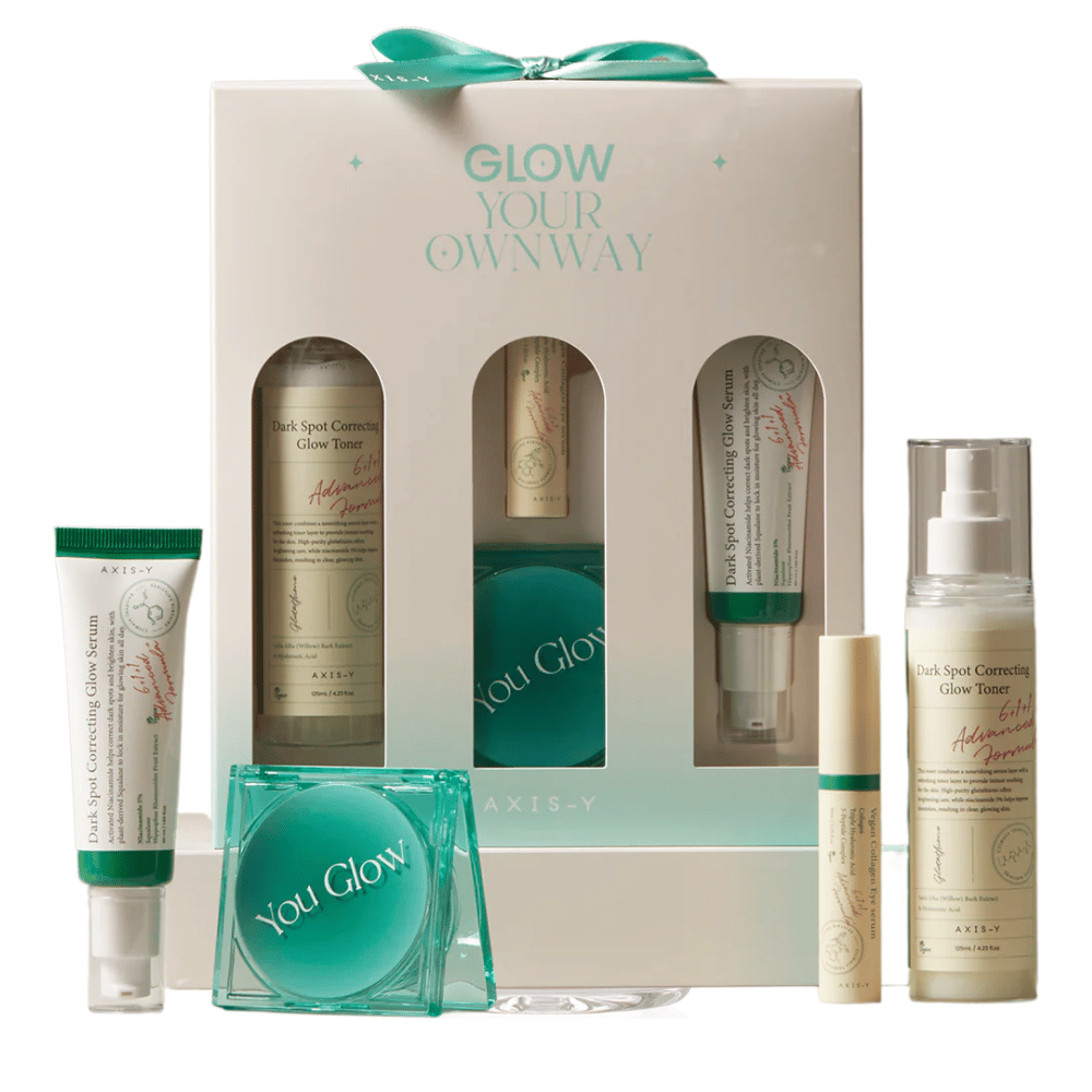 AXIS-Y Glow Your Own Way Beauty Box – popoln komplet z vegansko nego kože, ki zmanjšuje pigmentne madeže, vlaži in daje sijaj. Popolno za bolj enakomeren ten kože!
