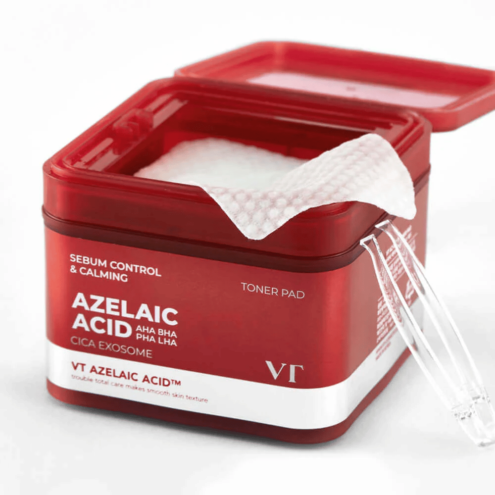 Odprta posoda z VT Azelaic Acid Toner Pad in pinceto – za enostavno in higiensko uporabo.