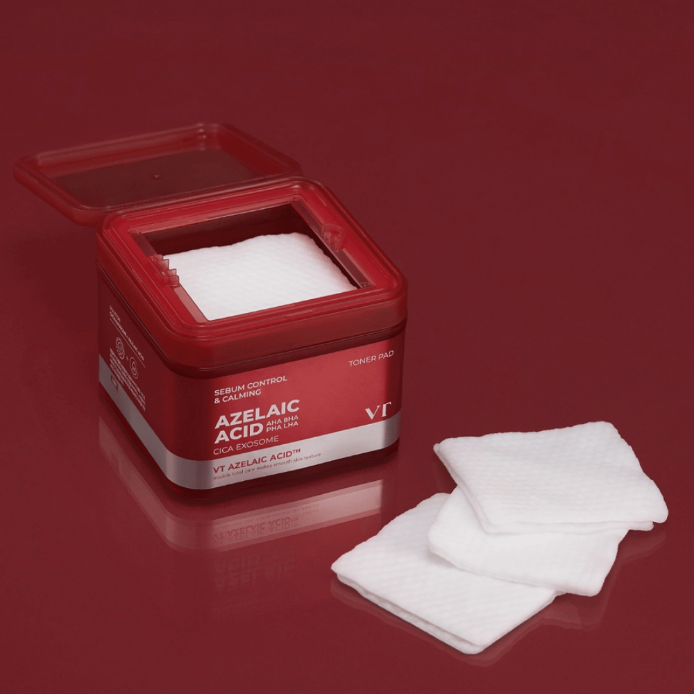 VT Azelaic Acid Toner Pad – eksfolirajoče in pomirjujoče blazinice z AHA, BHA, PHA in LHA za uravnoteženo, jasno kožo.