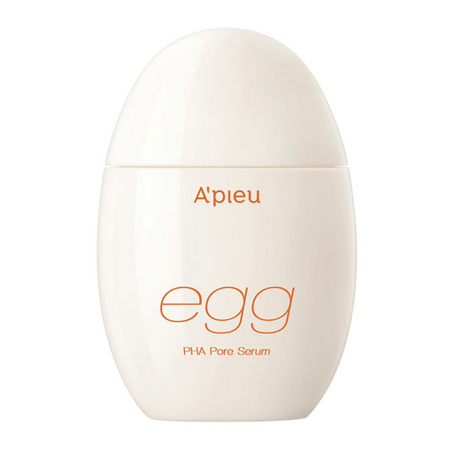 A’pieu Egg PHA Pore Serum v jajčni obliki, bež embalaža z oranžnim besedilom – korejski serum, ki nežno eksfolira in zmanjšuje pore.