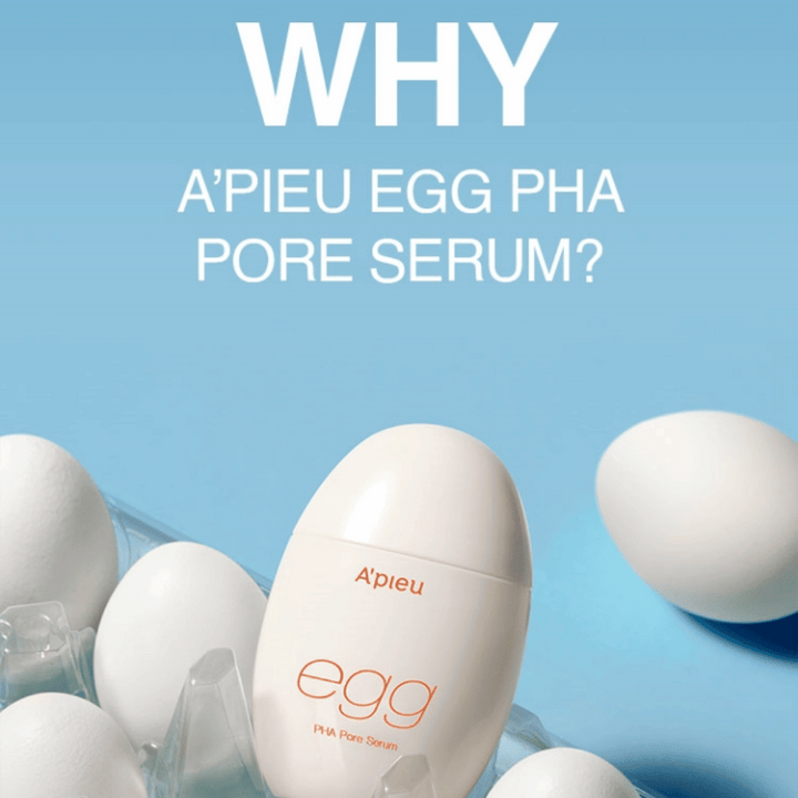 A’pieu Egg PHA Pore Serum v jajčni embalaži med belimi jajci v kartonu – korejski serum za izpopolnjene pore in nežno eksfoliacijo.