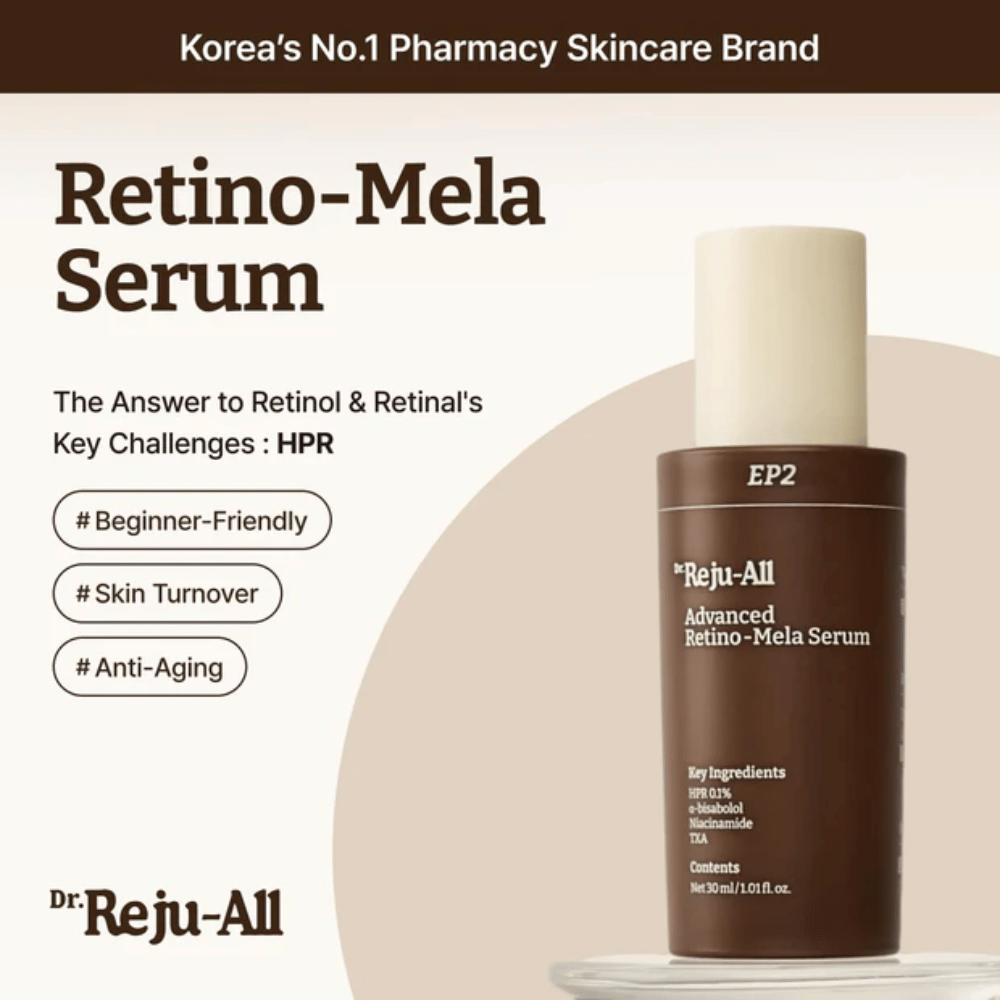 Dr. Reju-All Advanced Retino-Mela Serum EP2 – retinolna alternativa na osnovi HPR, ki je nežnejša od retinola in retinala, razvita za enakomernejši ten kože, obnovo kože in proti staranju.