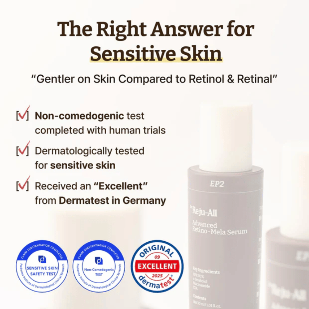 Dr. Reju-All Advanced Retino-Mela Serum za občutljivo kožo – nekomedogeno, dermatološko testirano in ocenjen z oceno ”Odlično” s strani Dermatest v Nemčiji.
