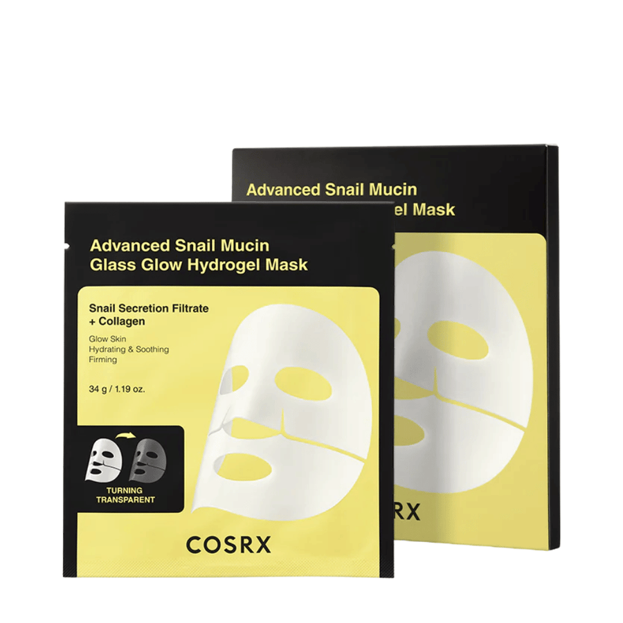 Embalaža COSRX Advanced Snail Mucin Glass Glow Hydrogel Mask – vlažilna maska s polžjo sluzjo in kolagenom.