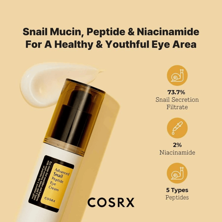 COSRX Advanced Snail Peptide Eye Cream 25 ml s polžjim mucinom, peptidi in niacinamidom za čvrstejšo kožo in enakomernejši ten kože okoli oči