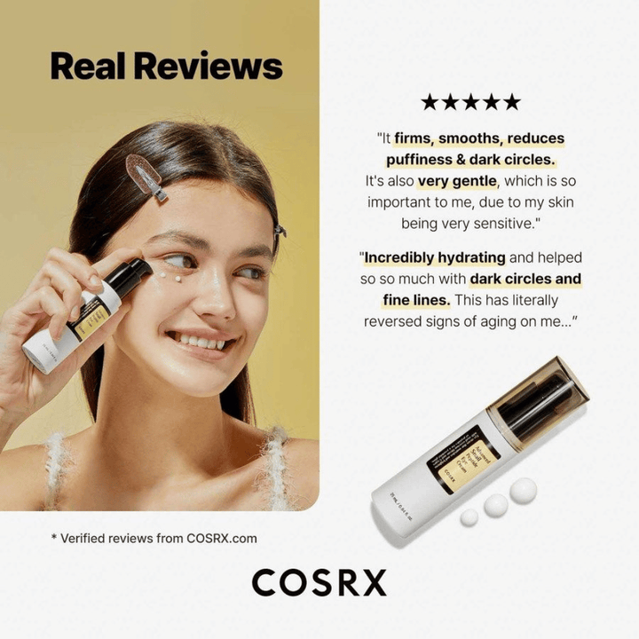 COSRX Advanced Snail Peptide Eye Cream se nanaša pod oči – krema za oči s 73,7% snail mucin in peptidi proti temnim kolobarjem, oteklini in drobnim linijam