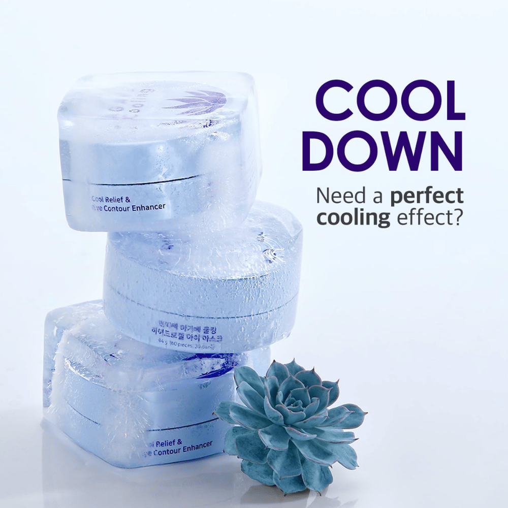 Promocijska slika PETITFEE Agave Cooling Hydrogel Eye Mask z ledeno hladno in osvežilno temo. Slika poudarja hladilni učinek izdelka in svež občutek za utrujene oči.