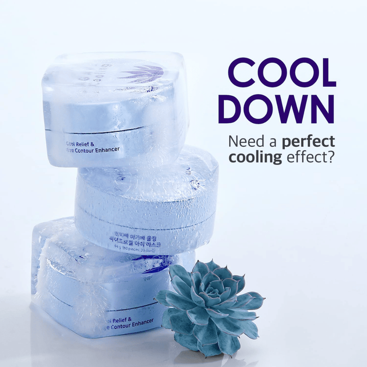 Promocijska slika PETITFEE Agave Cooling Hydrogel Eye Mask z ledeno hladno in osvežilno temo. Slika poudarja hladilni učinek izdelka in svež občutek za utrujene oči.