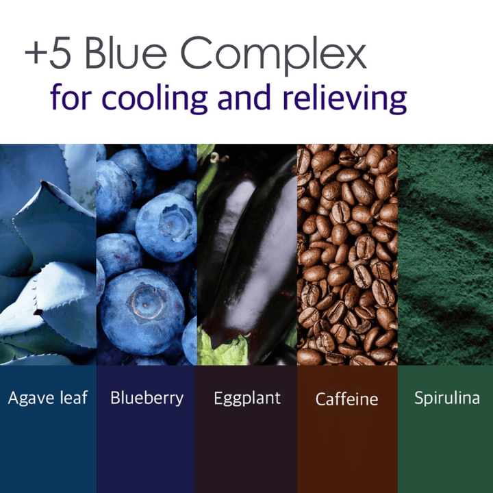 Informativna slika o “5 Blue Complex” s sestavinami, kot so listi agave, borovnica, jajčevec, kofein in spirulina. Poudarek je na hladilnih in pomirjujočih lastnostih za kožo.