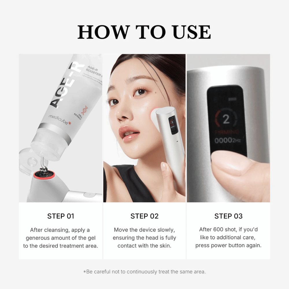 Navodila v treh korakih, ki prikazujejo, kako uporabiti Medicube Age-R High Focus Shot z ustreznim gelom na obrazu.