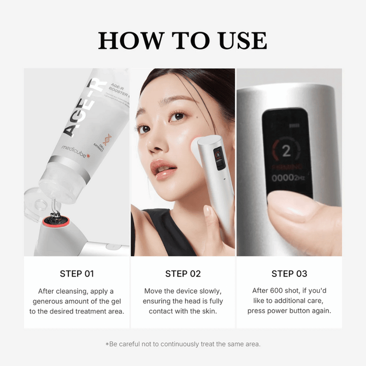 Navodila v treh korakih, ki prikazujejo, kako uporabiti Medicube Age-R High Focus Shot z ustreznim gelom na obrazu.