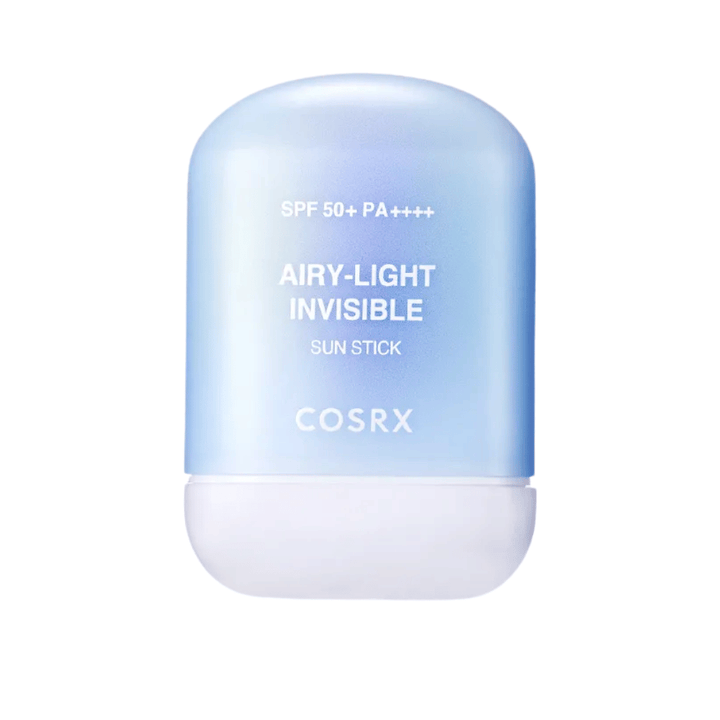 Slika izdelka COSRX Airy-Light Invisible Sun Stick 19 g – prozorna sončna palica z visoko UV zaščito in svilnato gladkim občutkom.