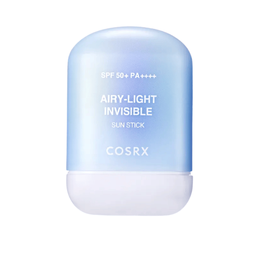 Slika izdelka COSRX Airy-Light Invisible Sun Stick 19 g – prozorna sončna palica z visoko UV zaščito in svilnato gladkim občutkom.