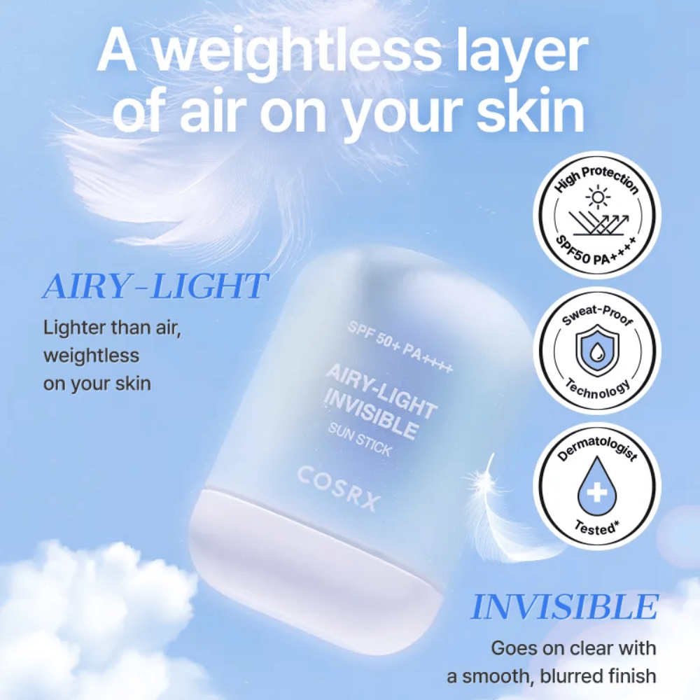 COSRX Airy-Light Invisible Sun Stick – ultra lahka sončna zaščita s SPF 50+ in PA++++, ki zagotavlja breztežno, nevidno končno obdelavo.