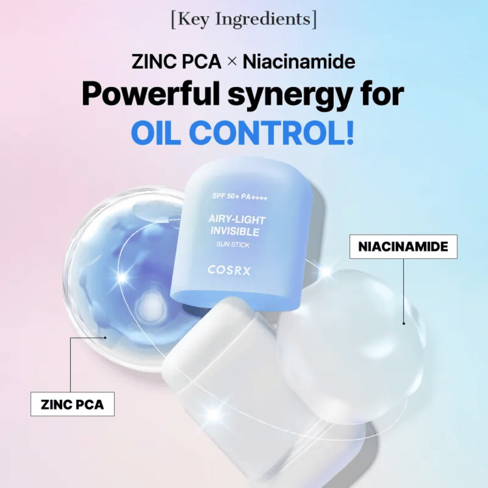 Ključne sestavine v COSRX Airy-Light Invisible Sun Stick – Cink PCA in Niacinamid za učinkovito kontrolo sebuma in jasno kožo.