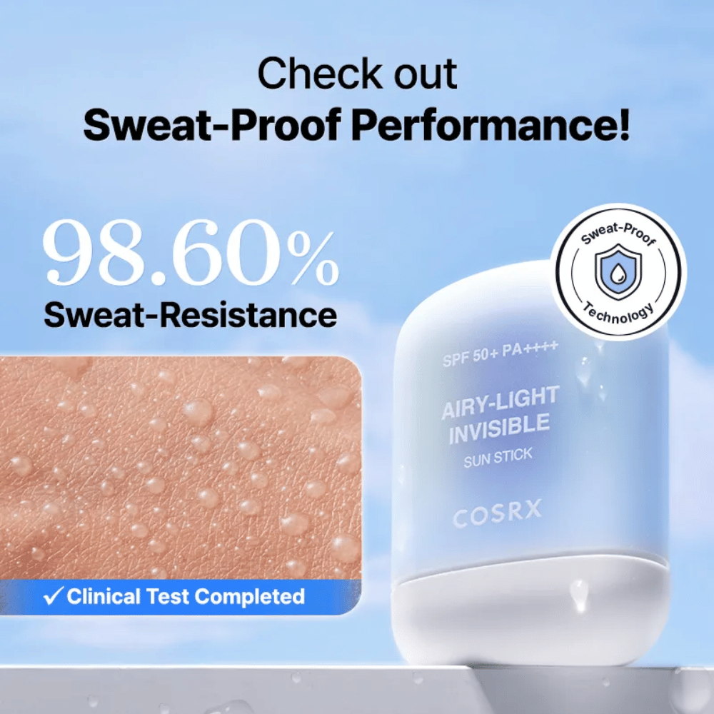 COSRX Airy-Light Invisible Sun Stick z 98,6 % odpornostjo na znoj – dokazana tehnologija odporna na znoj za dolgotrajno zaščito.