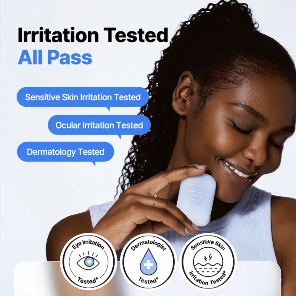 Klinično testiran COSRX Airy-Light Invisible Sun Stick – testiran za občutljivo kožo, draženje oči in dermatološko odobren.