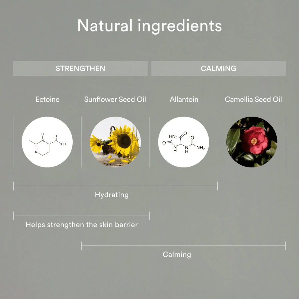 Slika prikazuje naravne sestavine, ki krepijo in pomirjajo kožo: Ectoin in sončnično olje pomagata navlažiti in okrepiti kožno pregrado, medtem ko alantoin in olje kamelije pomirjata in ščitita občutljivo kožo.