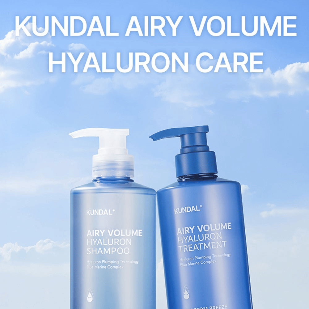 KUNDAL Airy Volume Hyaluron Shampoo in Treatment v modrih stekleničkah s črpalko, nega las s hialuronom in Blue Marine Complex.